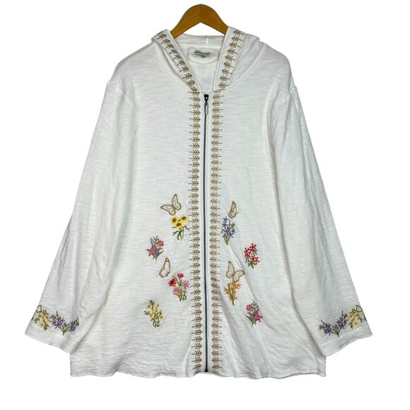 Boho Lagenlook Embroidered Jacket Hoodie Plus 2X White Cotton Floral Butterfly - Picture 1 of 16